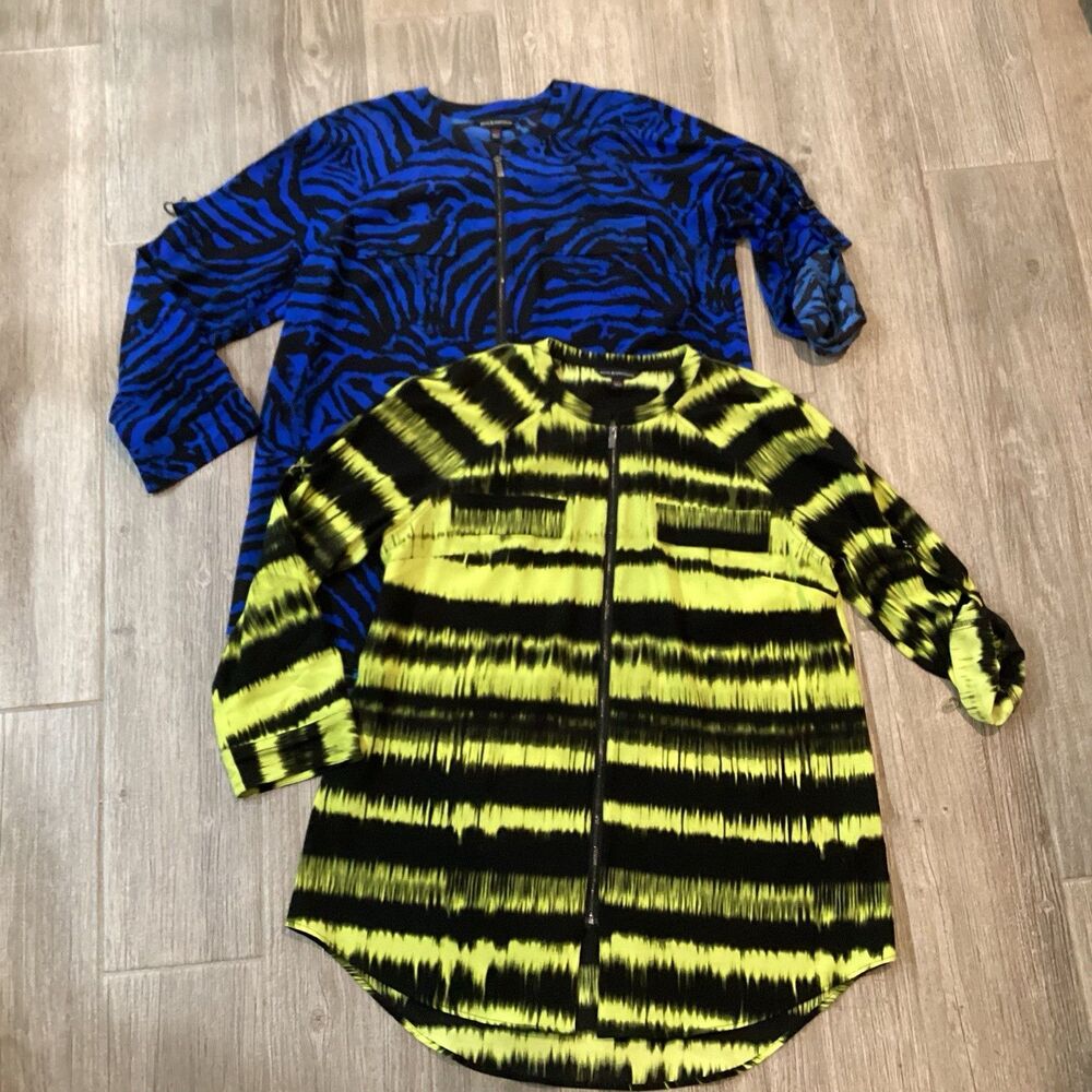 Rock & Republic 2 Women’s 2XL Blouse Blue & Yellow Zebra Stripe Full Zip Tunic